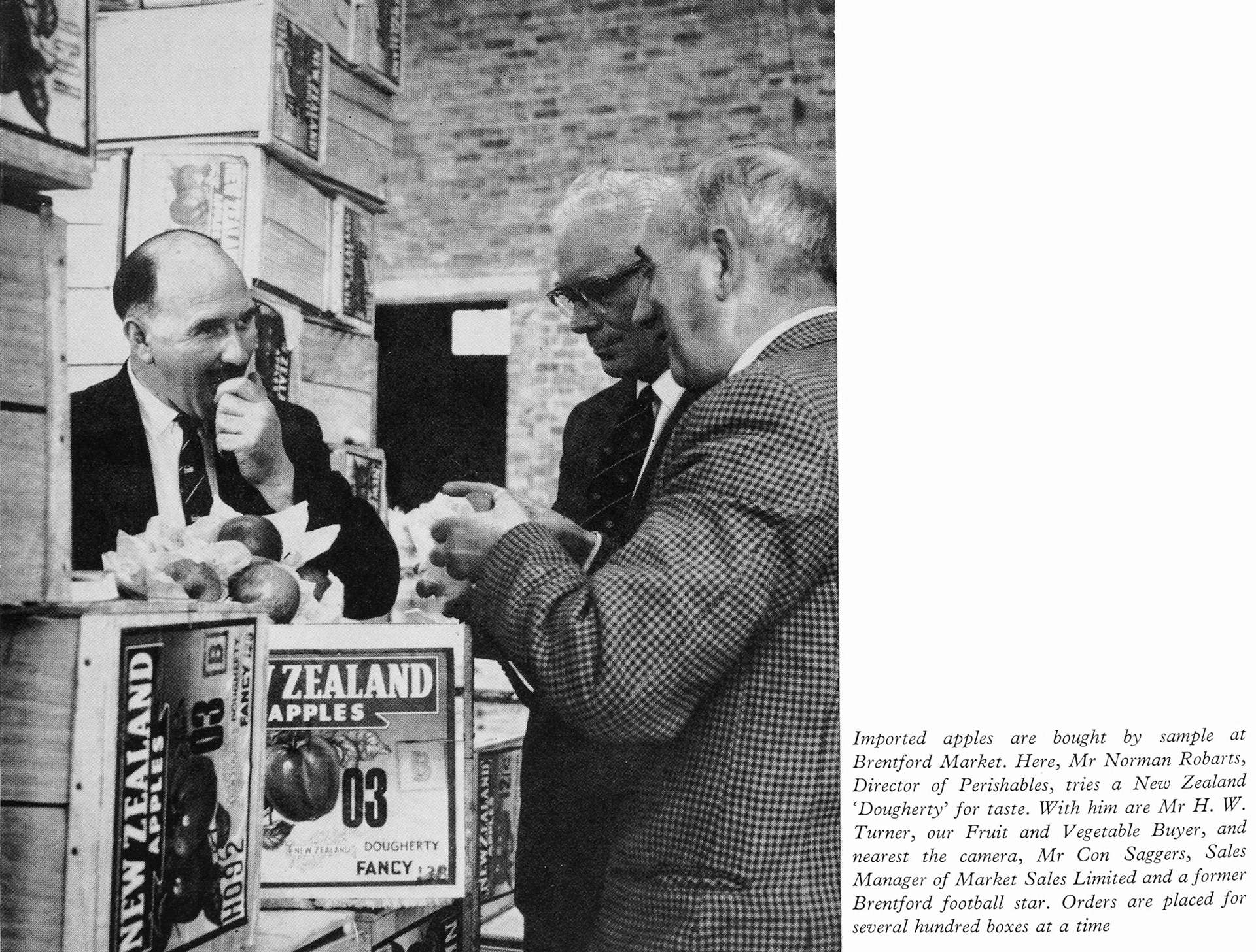 1962 Feature article about fruit and vegetable sales pictures Norman Robarts (Director of Perishables) and Mr H.W. Turner (Fruit and Vegetable Buyer) and Mr Con Saggers (Sales Manager-Market Sales) at Brentford Market. (Express News Autumn)