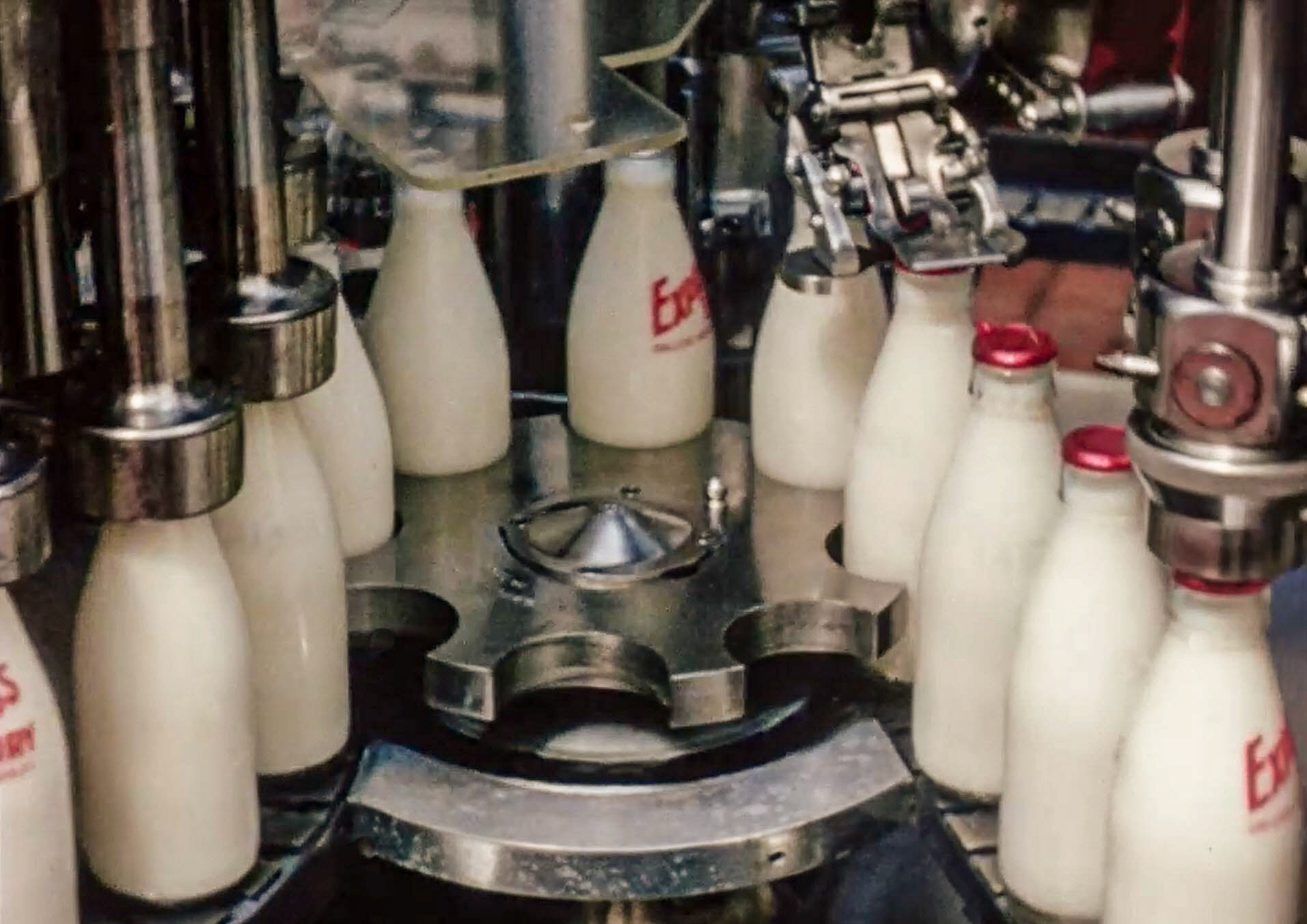 1954 South Morden Processing-filling and capping. Note the tabs on the caps that were in use at that time. Red caps for TT milk. (Stills from Express Dairy Film)