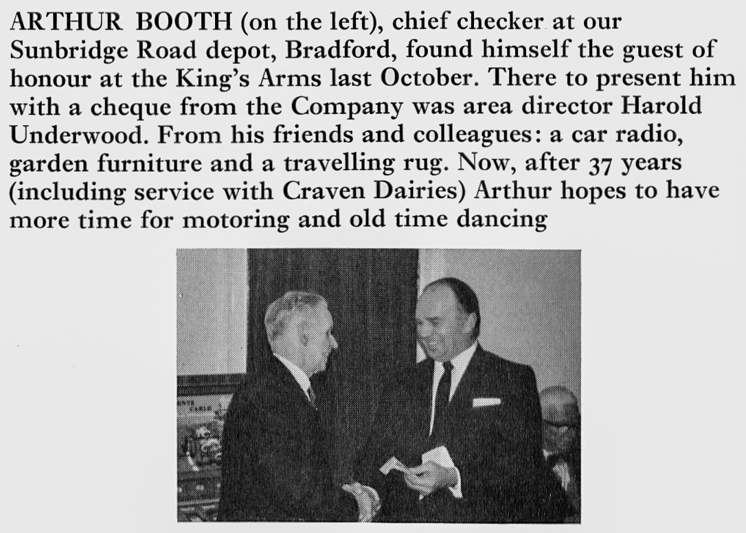 1971 Bradford-Sundridge Road chief checker Arthur Booth retires after 37 years, receiving an award from Harold Underwood. (Express News Spring)