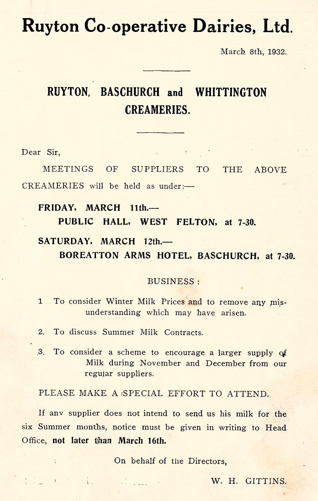 1932 Suppliers Meetings at West Felton and Baschurch.