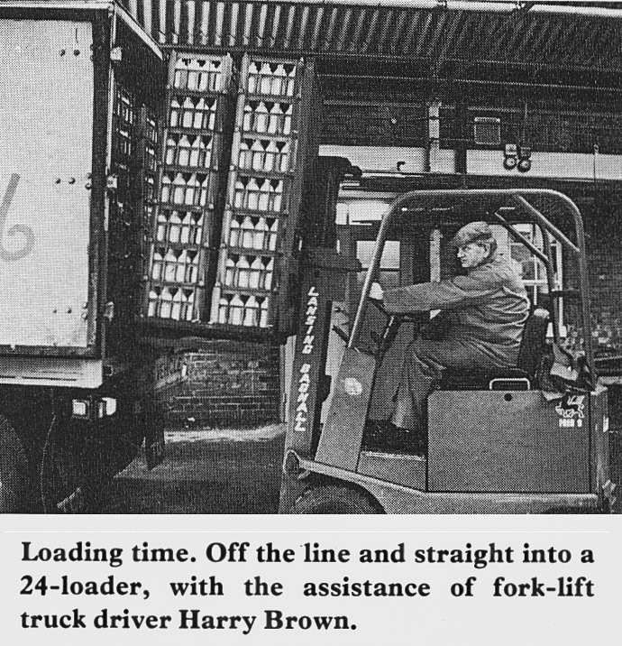 1979 Bromley Processing-Harry Brown loading crates with pintie bottles.  (Express News Summer)