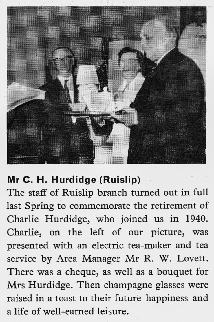 1967 Charlie Hurdidge retires from Ruislip Retail Depot after 27 years. (Express News Autumn)