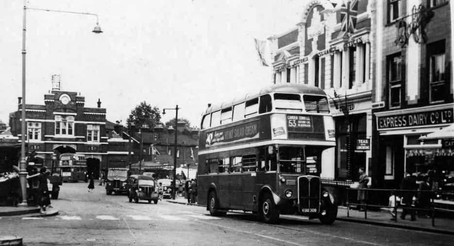 1950s? Express shop and restaurant in Beresford Square, Woolwich, SE 18. Paul Raven comments "Used to go in the Express Dairy restaurant, which was downstairs." Carol Rodgers adds "Yes we used to go there in lunch hour from work, I remember going downstairs too".(Courtesy Royal-Arsenal-History.com)