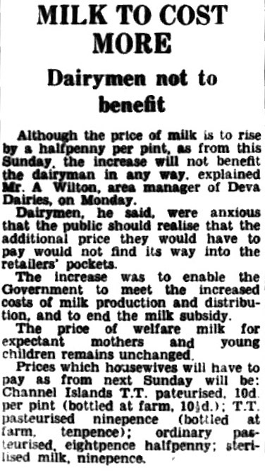 1972 Milk price increase announced by Deva Dairies. (Courtesy Cheshire Observer - Saturday 01 September)
