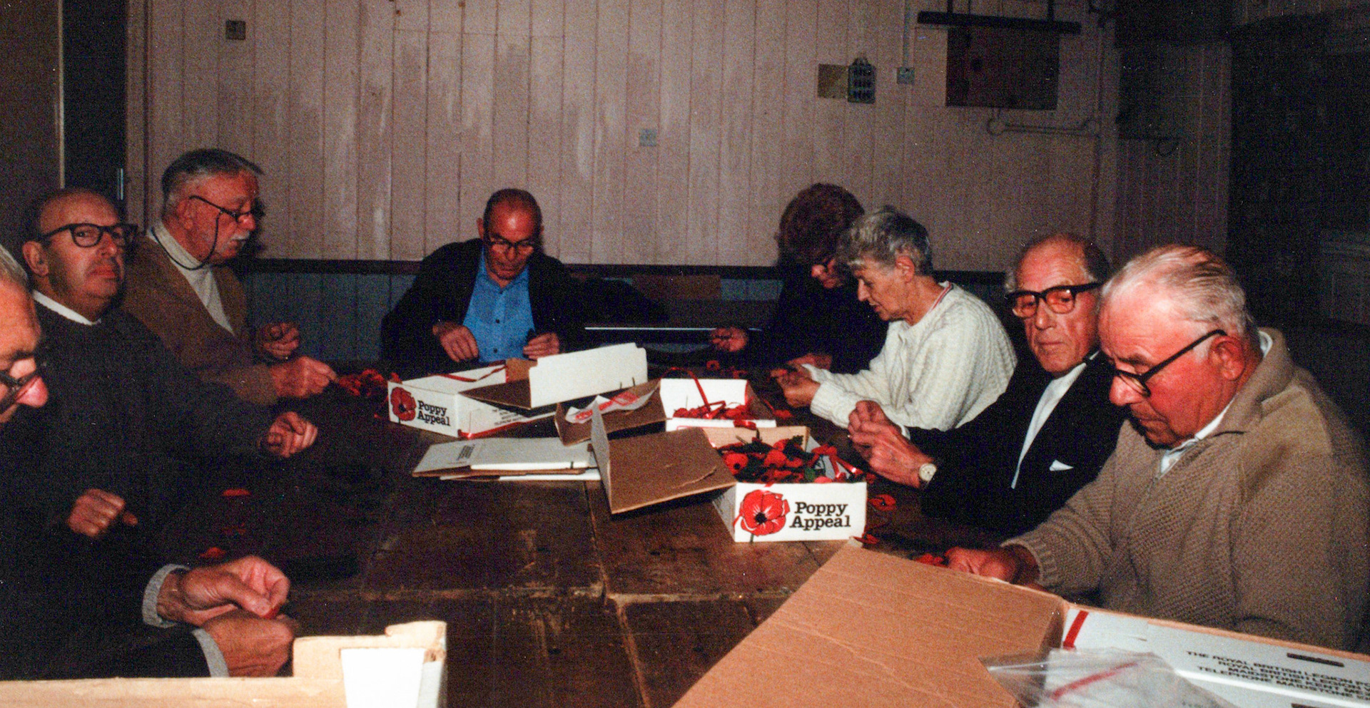 1980's Minsterley British Legion. Sandra Lewis comments "I wonder how many people realised that, years back, the poppies had to be put together. My Mum and Dad used to do this job for the Hope and Shelve Branch and my Dad used to go and help Church Stoke Branch too!" (Courtesy Joe Lyons)