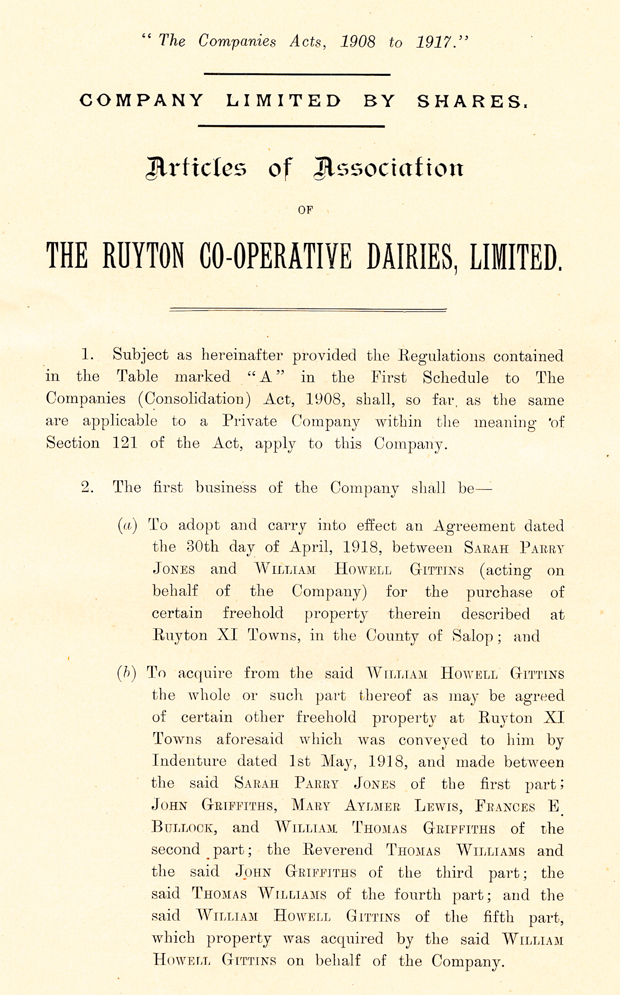 1918 Ruyton Co-operative Dairies Ltd Articles of Association