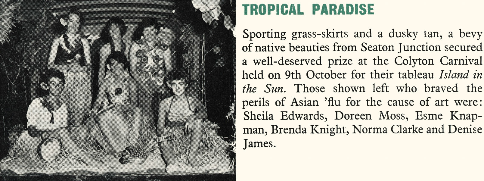 1957 Seaton Junction beauties at the Colyton Carnival - Sheila Edwards, Doreen Moss, Esme Knapman, Brenda Knight, Norma Clarke and Denise James. (Express News March)