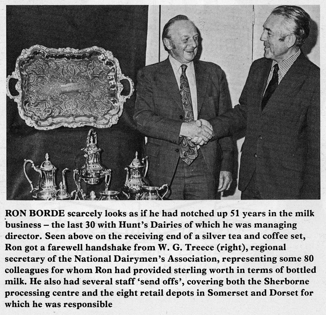 1978 Ron Borde (left) retires from Hunt's Dairies after 51 years, 30 with Hunt's as MD.