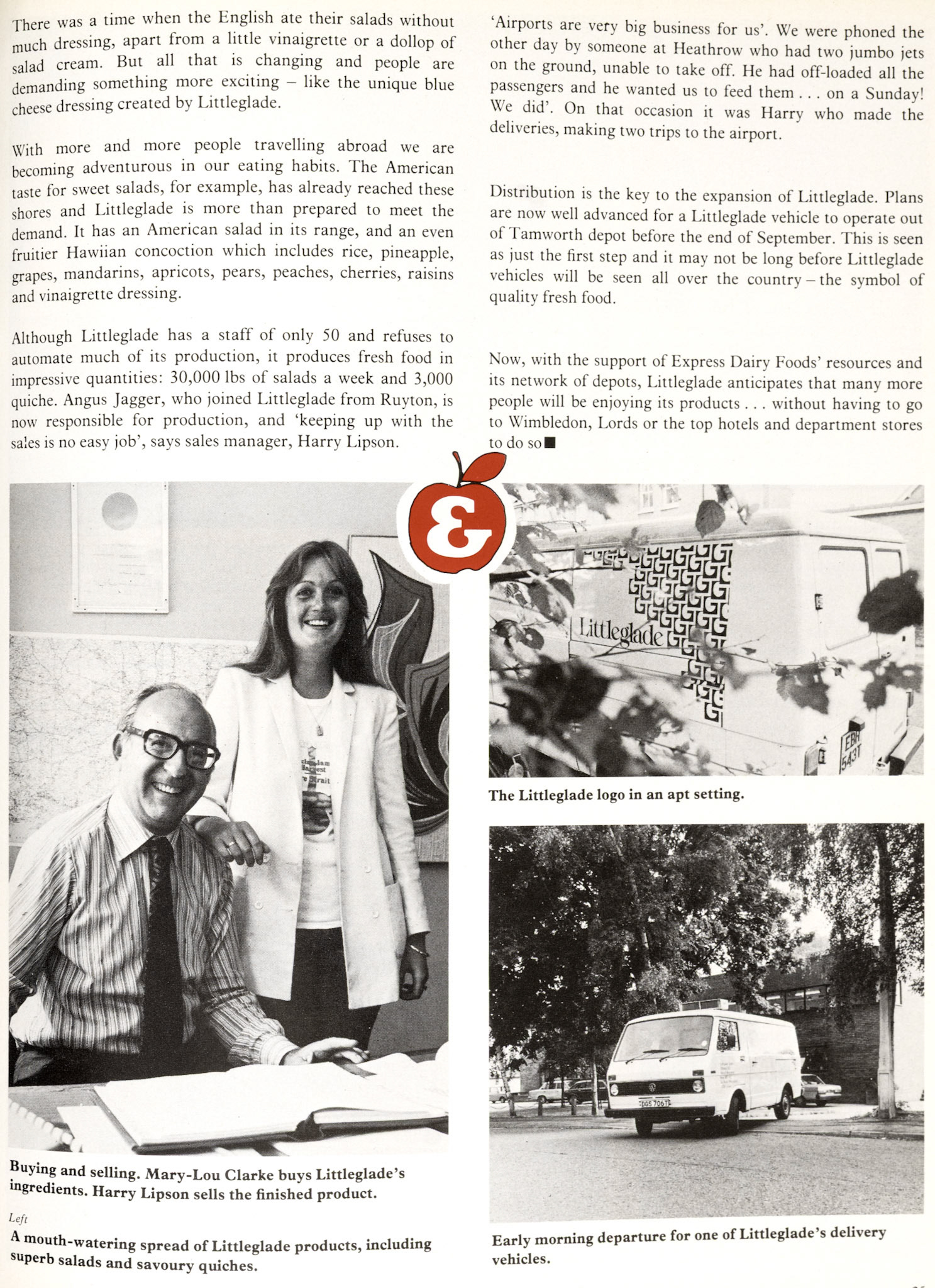 1979 Feature article about Littleglade, based in Hemel Hempstead, just acquired by Express to boost Express Foods' salads business. Jim Murphy joined the Littleglade Board and was appointed Director, Fresh Foods. (Express News Autumn)