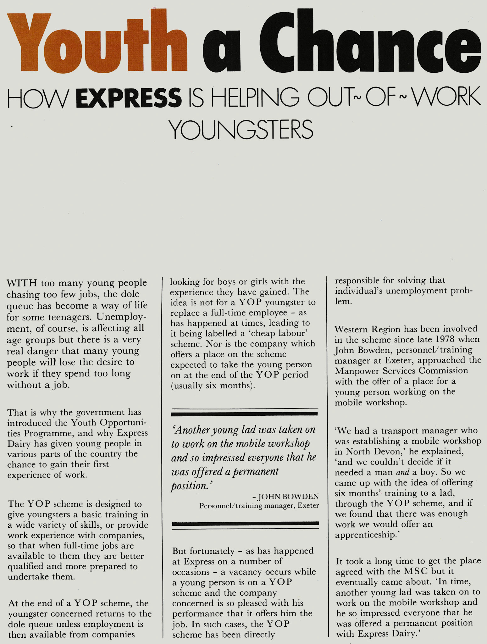 1982 Express Western takes part in the Youth Opportunity Programme at Exmouth, Axminster, Exeter and Honiton. (Express News April)