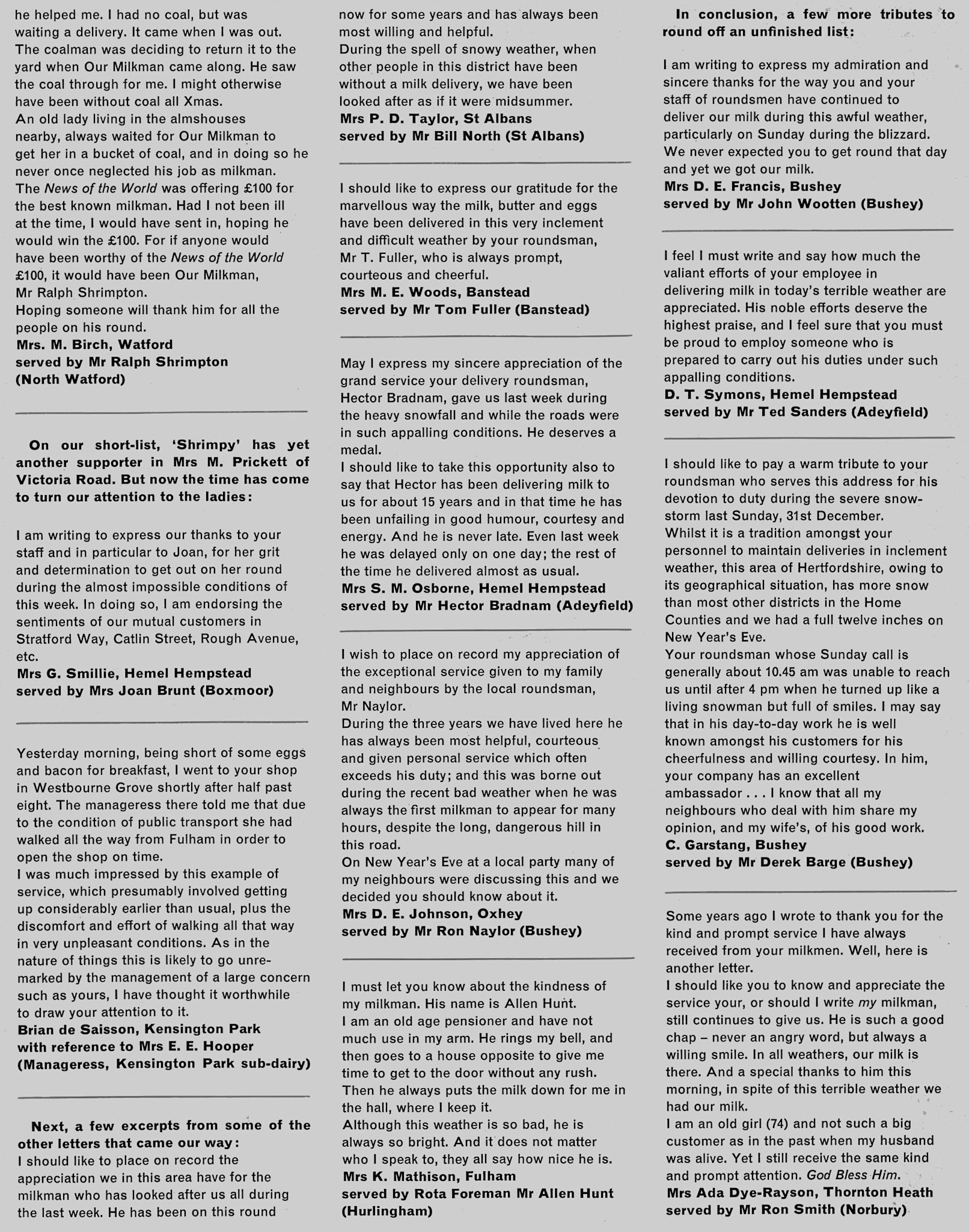 1962 Thank you letters to milkmen following the terrible 62 winter snow.  (Express News Spring)