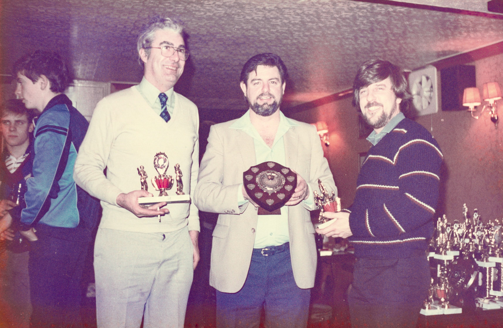 1980s Social Evening at 'The Farwig' pub, opposite Bromley Processing. Alex in the middle, with Reg Ball. (Picture by Reg Ball, on loan from Colin Bristow)