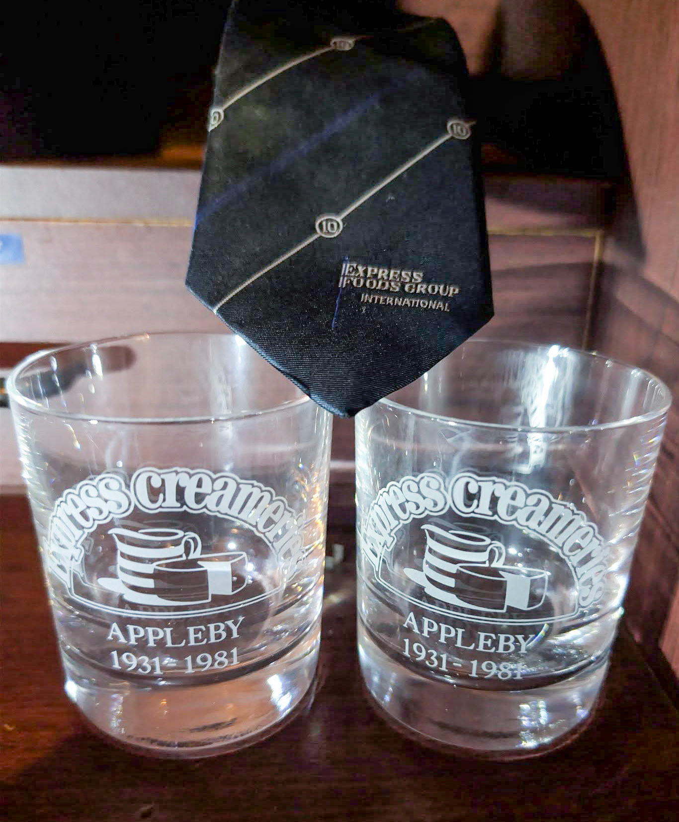 1981-10 year service tie and lead crystal glasses celebrating 50 years of the Appleby Creamery, from David Atkinson.