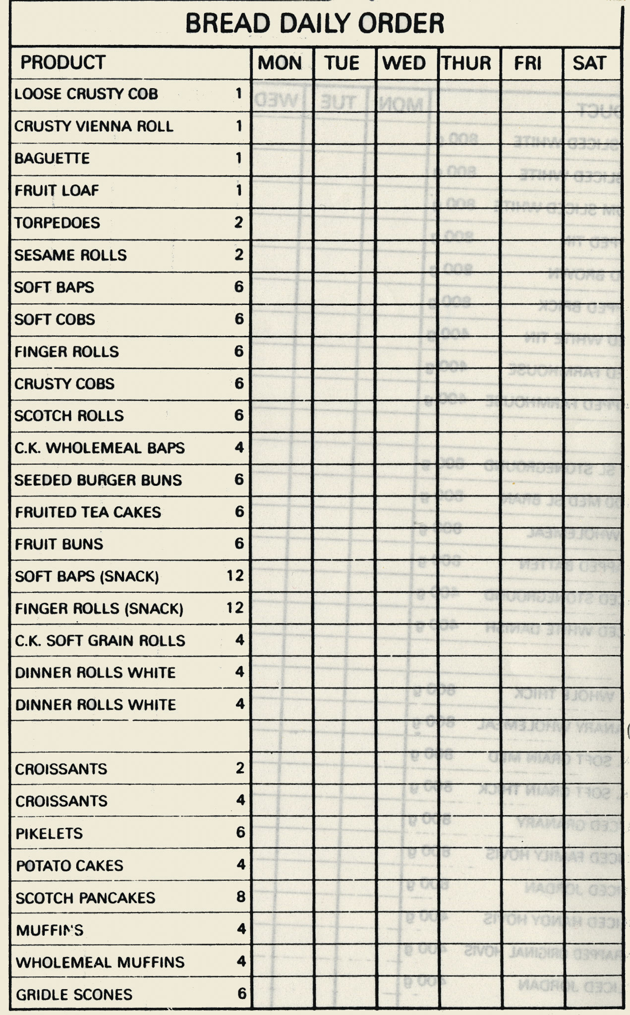 1980's? Daily Order form - Bread #1(Courtesy Michael Aldread)