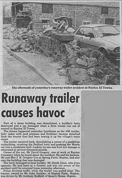 1985 Ruyton. Quite the scene on Church Street, Ruyton XI Towns, thankfully nobody was injured. The car owner, David Gregory was working at Ruyton Creamery. Steven Harley adds "I was working the weighbridge at the dairy at the time the local police brought the tractor and trailer down to Ruyton weighbrige to weigh the tractor and trailer-he was lot overweight on the weighbridge that day". (Courtesy John Guest, Ruyton Revisited FB Group)