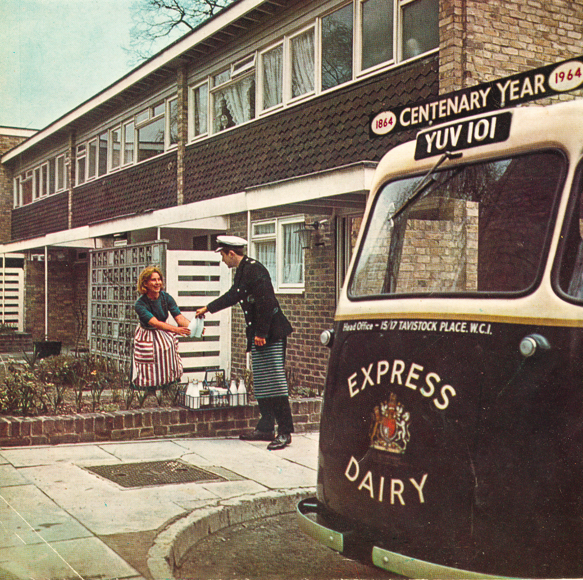 1964 Centenary liveried Wales &amp; Edwards three-wheeled float. (From Express Story 1864 - 1964)