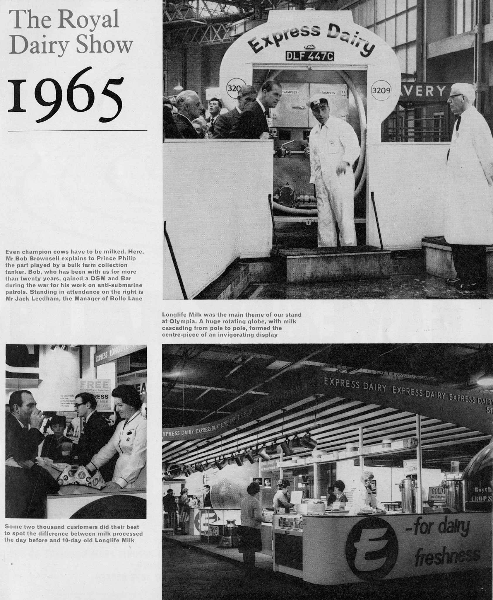 1965 Prince Philip attends the Royal Dairy Show and meets Bob Brownsell, Bulk Tanker Driver with Jack Leedham, Bollo Lane Manager.  (Express News Christmas)