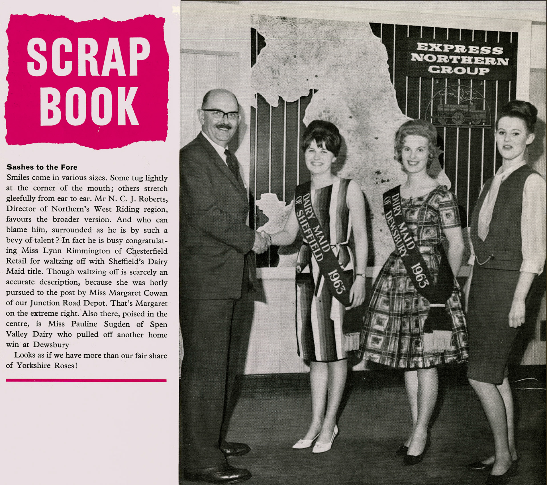 1963 N.C.J. Roberts, West Riding Director, congratulating (L-R) Miss Lynn Rimmington of Chestefield Retail, Miss Pauline Sugden of Spen Valley Dairy, and Miss Margaret Cowan, of Junction Road Depot. (Express News Autumn)