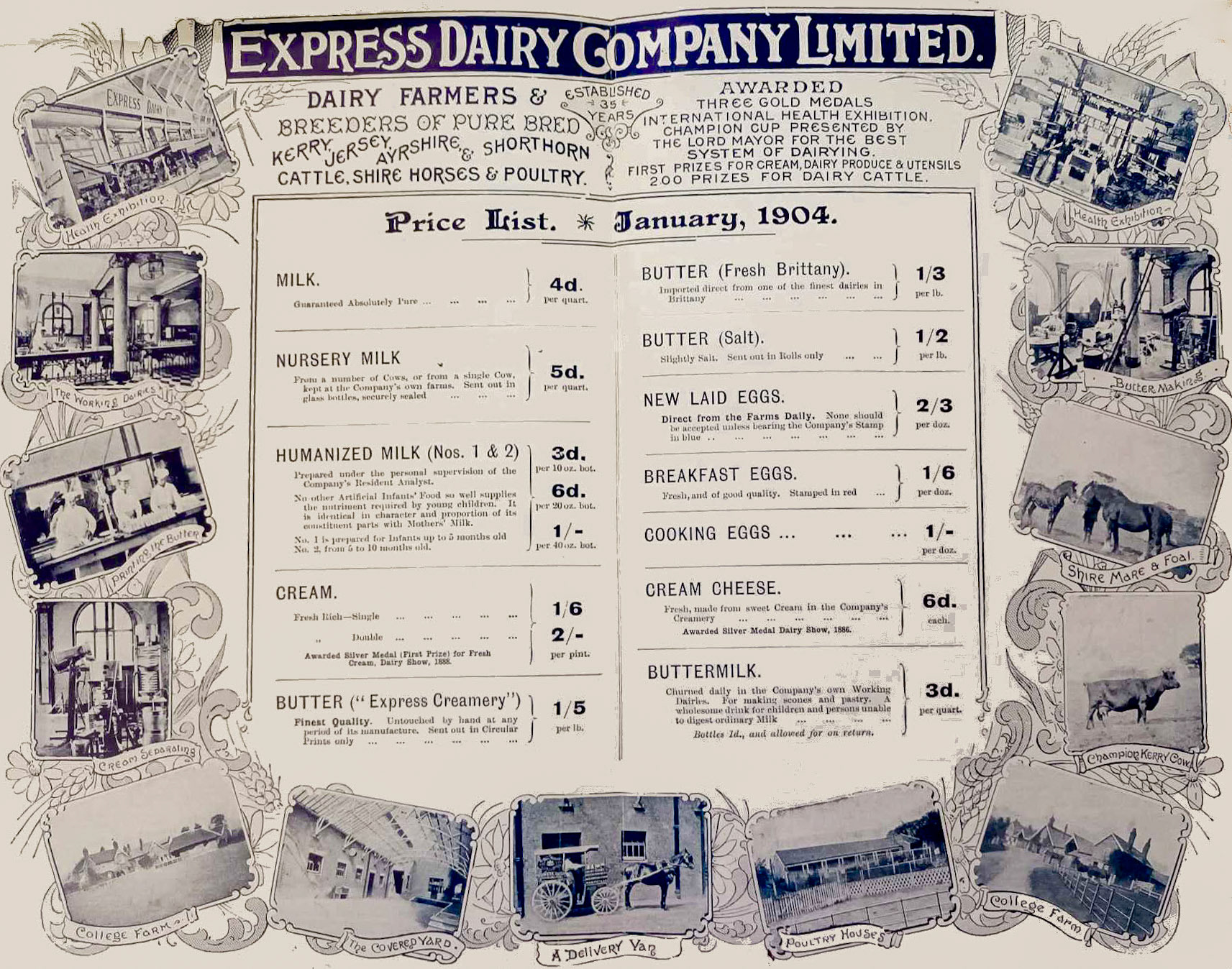 1904 Express Dairy Price List, milk at 4d per quart (two pints). (Courtesy Gerald Croxford)