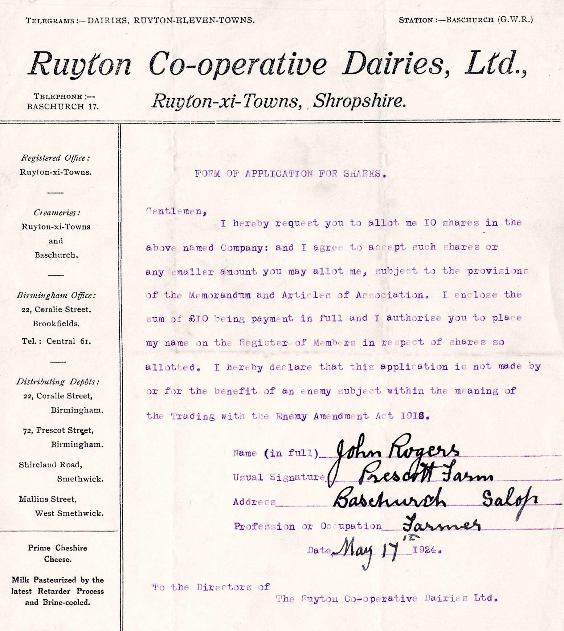 1924 Share Application from John Rogers, Prescott Farm, Baschurch, Salop