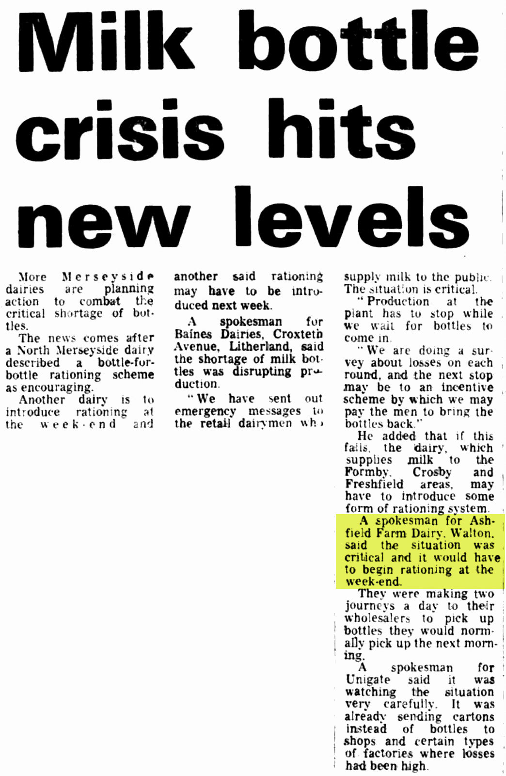 1973 Milk bottle crisis affects Liverpool dairies inlcuding Ashfield Farm Dairy. (Courtesy Ashfield Farm Dairy-Liverpool Echo - Wednesday 31 October)