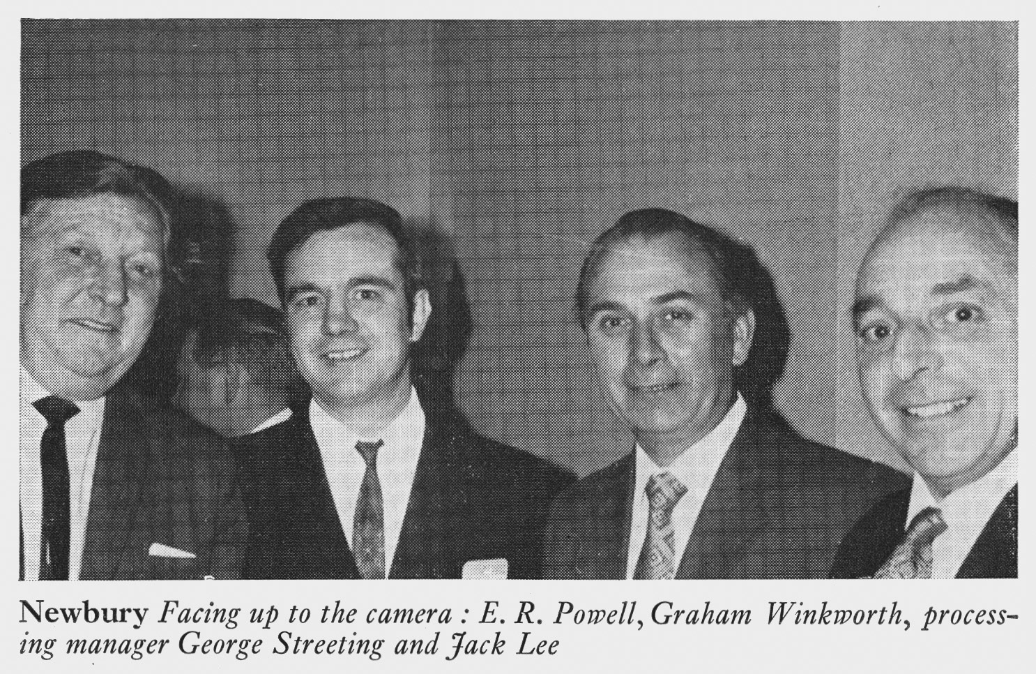1972 Charlie Lovell (not as caption), Graham Winkworth, George Streeting and Jack Lee at Newbury Merit and Service Dinner. Chris Austen comments "Charlie Lovell on the left managed the servery and was a very key member of the social club. Graham Winkworth was a very competent pasteuriser, whose bacteriological results were always outstanding!" (Express News Summer)