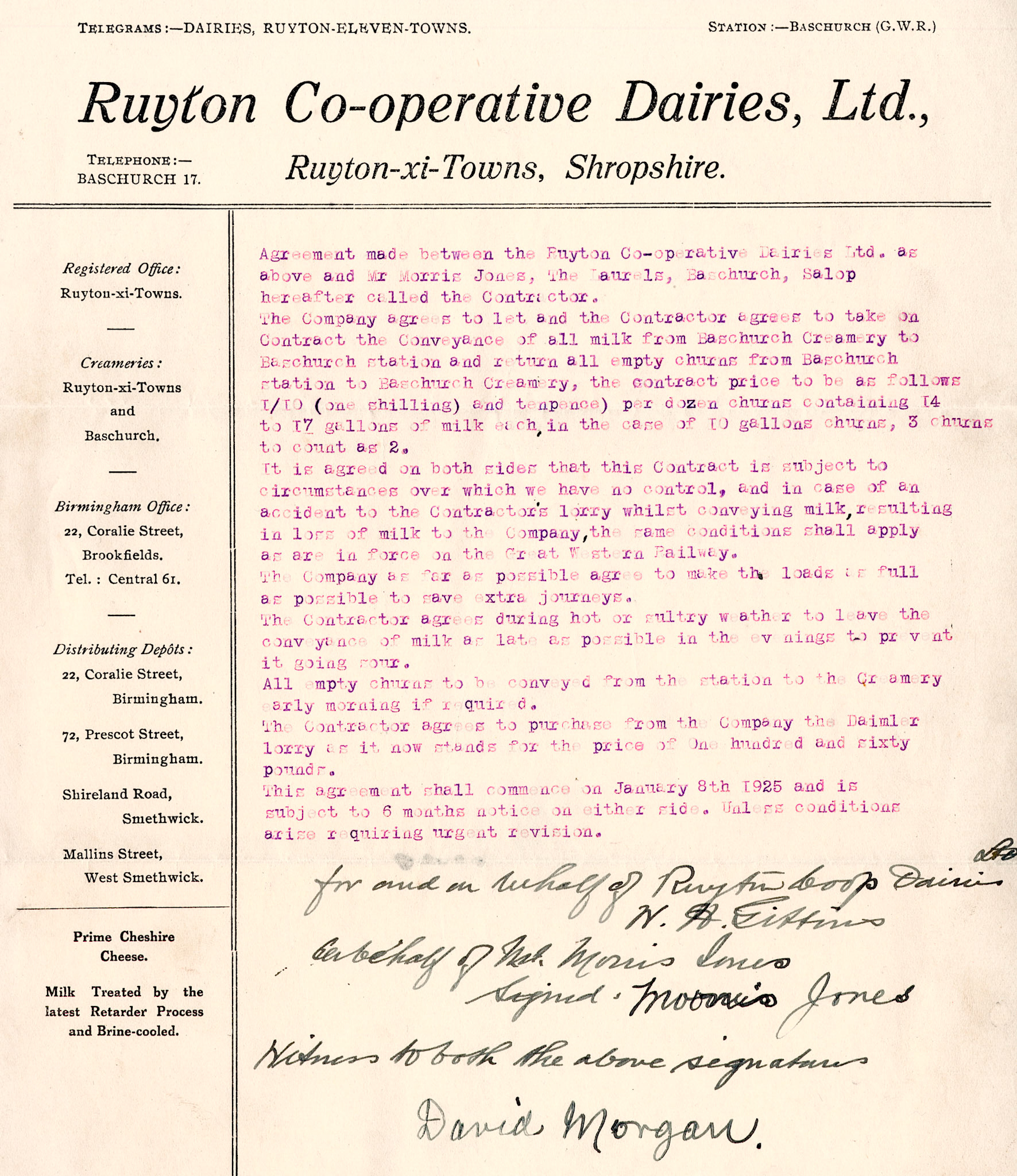 1925 Contract between Ruyton Co-operative Dairies Ltd and Mr Morris Jones, Haulage Contractor for conveyance of milk from Baschurch Creamery to Baschurch Station, and return of empty churns. The agreement included the purchase by Mr Jones of a Daimler Lorry from RCD for £160.
