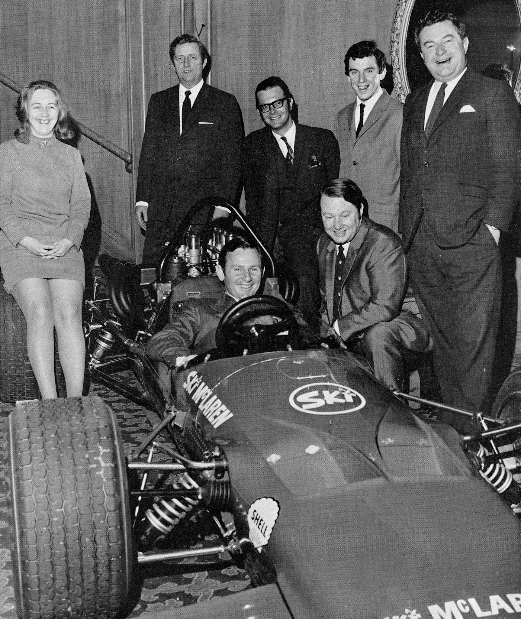 1970 Racing Driver Bruce McLaren at the wheel of the Ski racing car, just before his death later that year on 2nd June at Goodwood (Courtesy Doreen Williams)