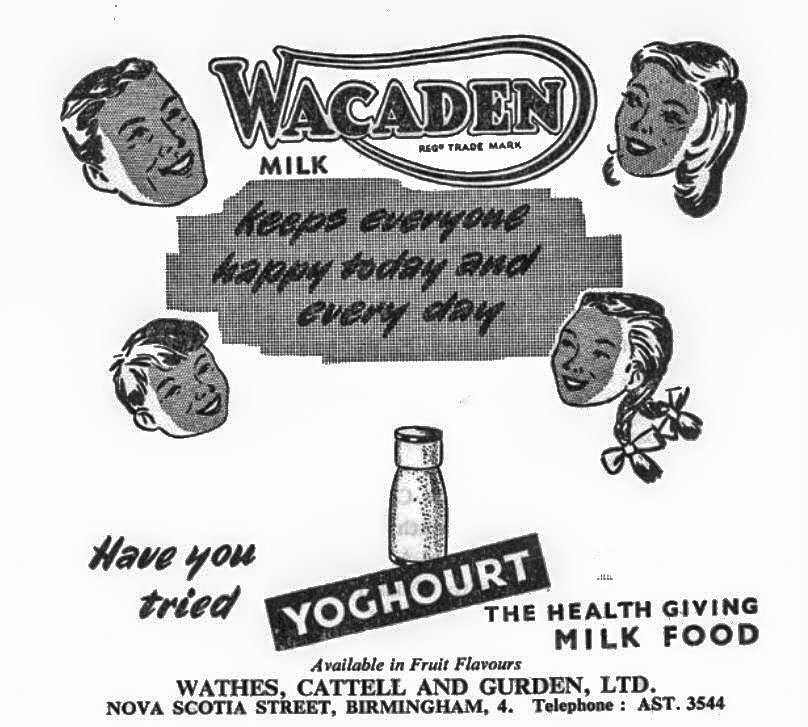 1950's Wacaden Advertisement by Wathes, Cattell &amp; Gurden Ltd, dairymen, of Nova Scotia Street, Aston, Birmingham. Mark Hudson points out that Nova Scotia Street (no longer exists) was in Aston, and in the AST (Aston Cross) telephone exchange area. (Courtesy Birmingham Libraries)