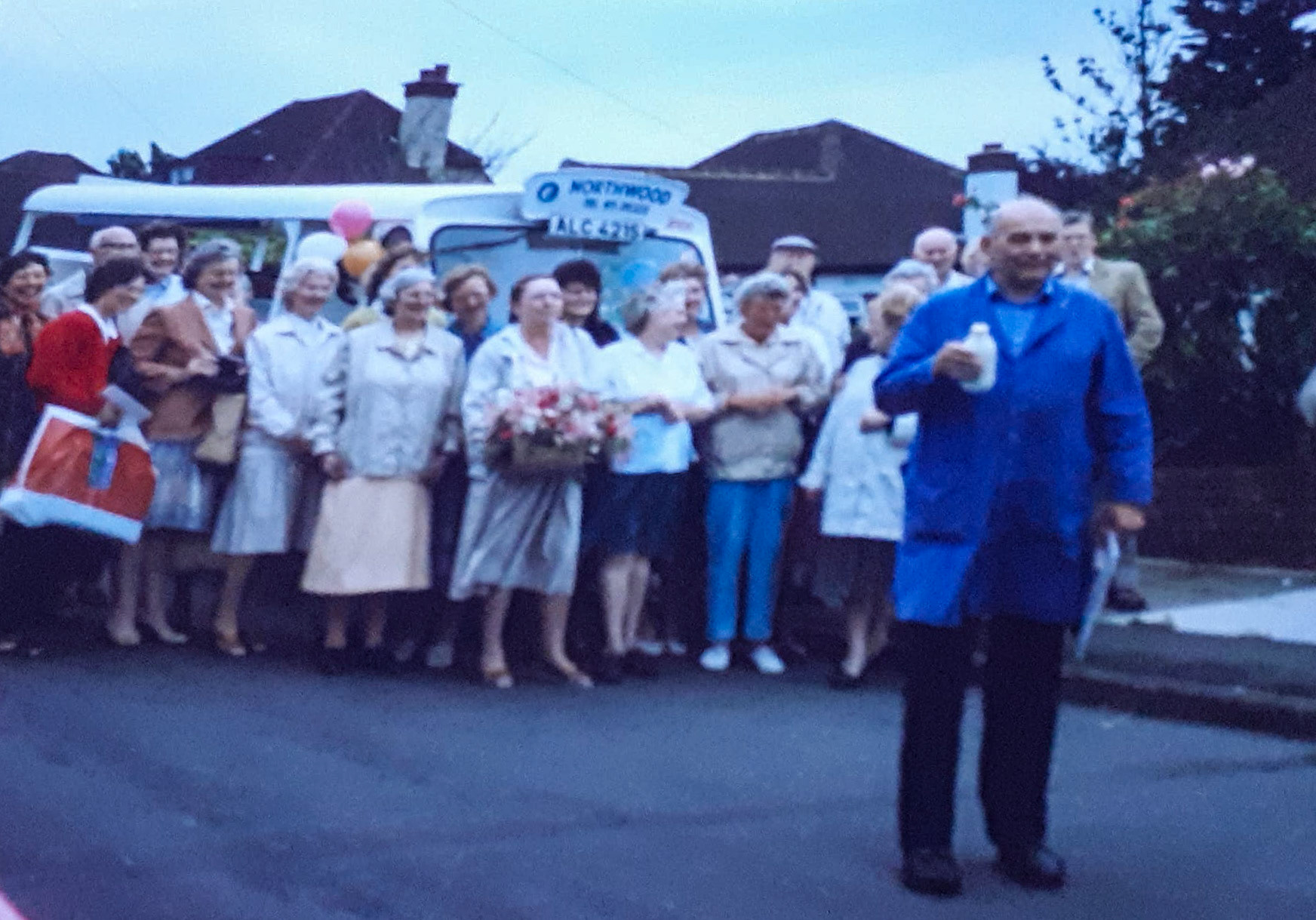 1991 Sid Marie retired after 50 years delivering milk in Northwood Hills and his customers surprised him on his last day with a presentation. Christine Kempster, his daughter, comments "He started on Robarts' farm in Joel St, then went to Northwood Depot. He had a horse called Rosie who was jealous of my mum! Sadly, Dad died in 2013 but I have many memories of cold winter mornings helping deliver milk!"