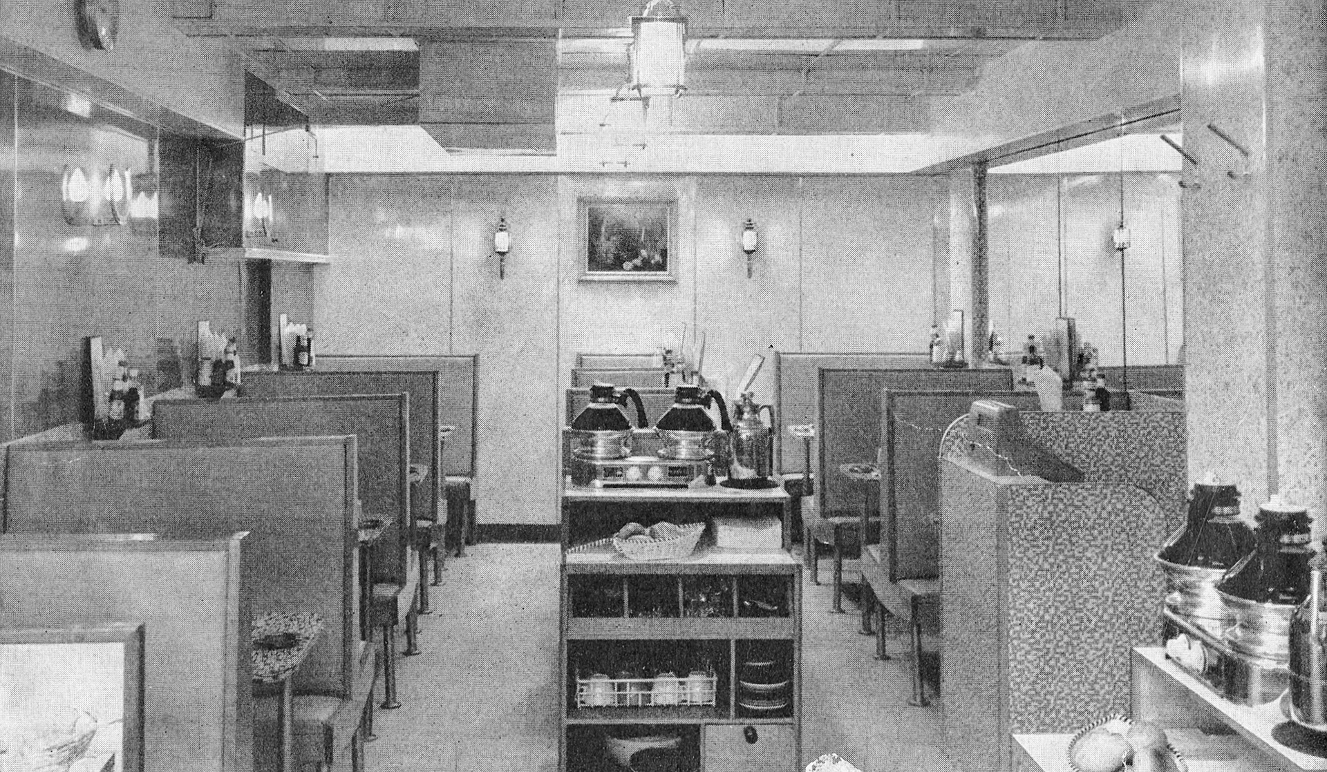 1960 Express restaurant at 131 Fleet Street, London-the basement dining room, colour scheme pepper and salt, brown and canary yellow. (Express News Christmas)