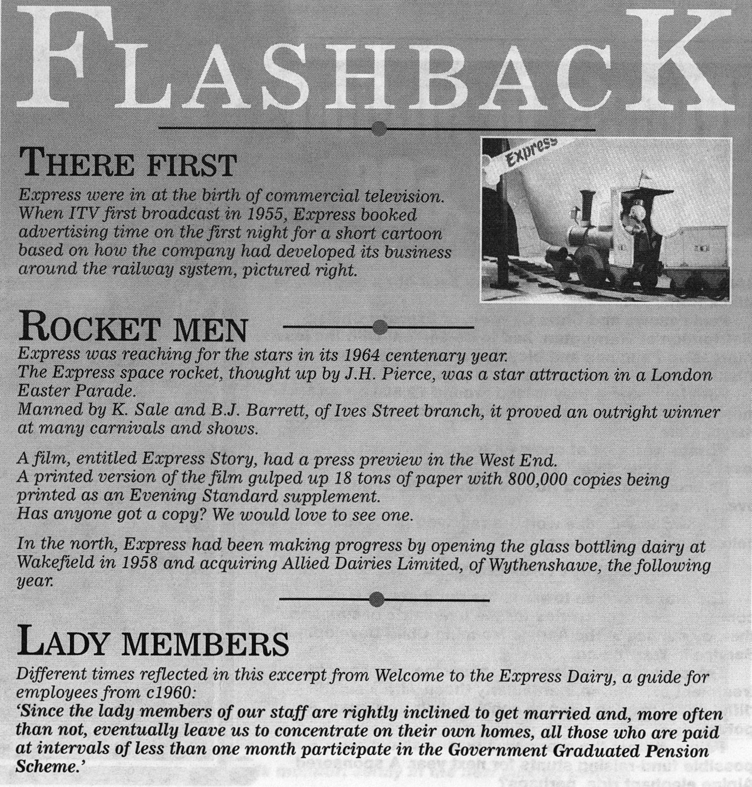 2000 'Flashback' article from Express News. Features first ITV advert in 1955, 1964 Easter Parade and Pension rules for female employees in 1960.  (Courtesy Michael Aldread)