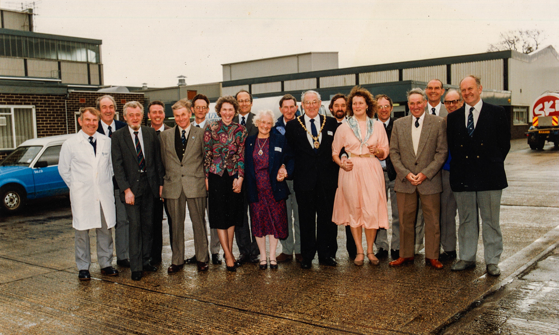 1990, April 19th-specially invited guests who had been at Honiton Creamery for 21 years - Factory Engineer Bill Wilson, Driver Alan Jeffrey, Chief Electrician Mick Willan, Drivers Ted Jenions and Ray Quick, Buttermaker Maurice Budd, Systems Manager Dot Letten, Electrician Frank Swan, Mayoress Edna Walker, Driver Ray Pavey, Mayor Robert Walker, Fitter Richard Gillingham, Office Clerk Sue Pavey, Milk Receptionist Barrie Hooper, Driver Mike Sansom, Boilermen Ken Edwards and Derek Ostler and Driver Don Hansford Angela Willan comments "My Dad is Mick Willan, he is 84 now and still doing a bit of electrical work for farms in Devon! Sadly Maurice Budd died a few years ago now." (Courtesy Don Hansford-Keith Sweetland)