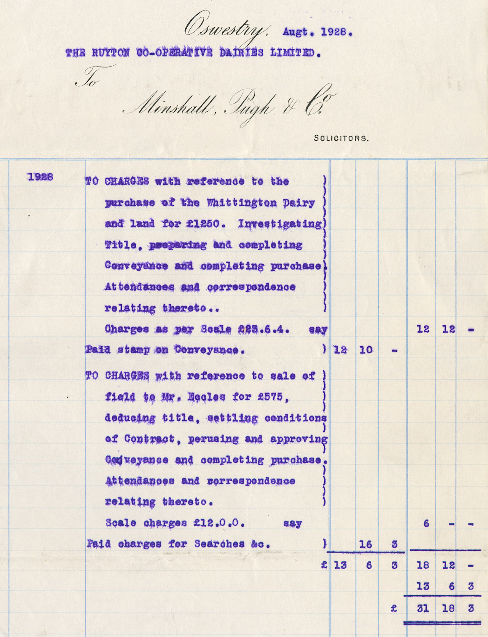 1928 Ruyton Co-operative Dairies-Solicitor's accounts re the purchase of Whittington Creamery.