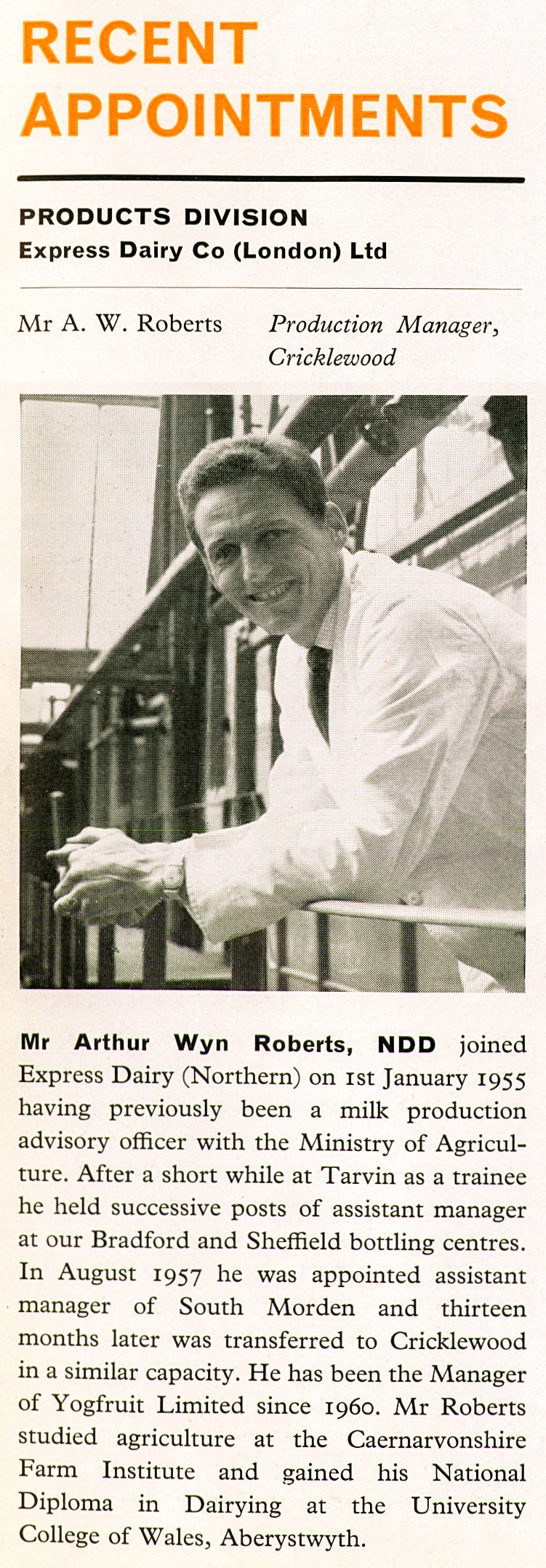 1963 'Wyn' Roberts appointed as Production Manager, Cricklewood. (Express News Autumn)