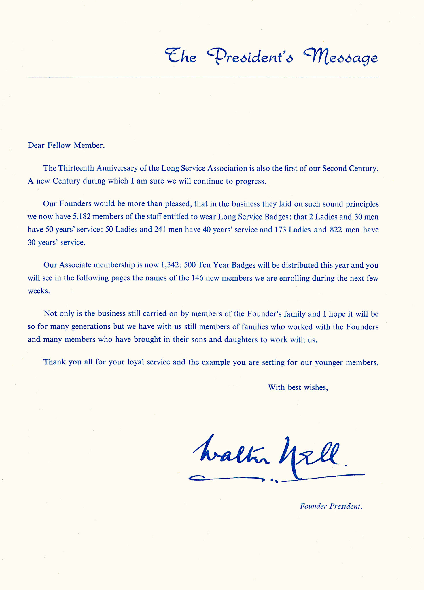 1965 Long Service Awards Programme-Letter from Walter Nell celebrating the 13th Long Service Dinner, and the first in the second century of the Company. (Courtesy Kevin Yates)