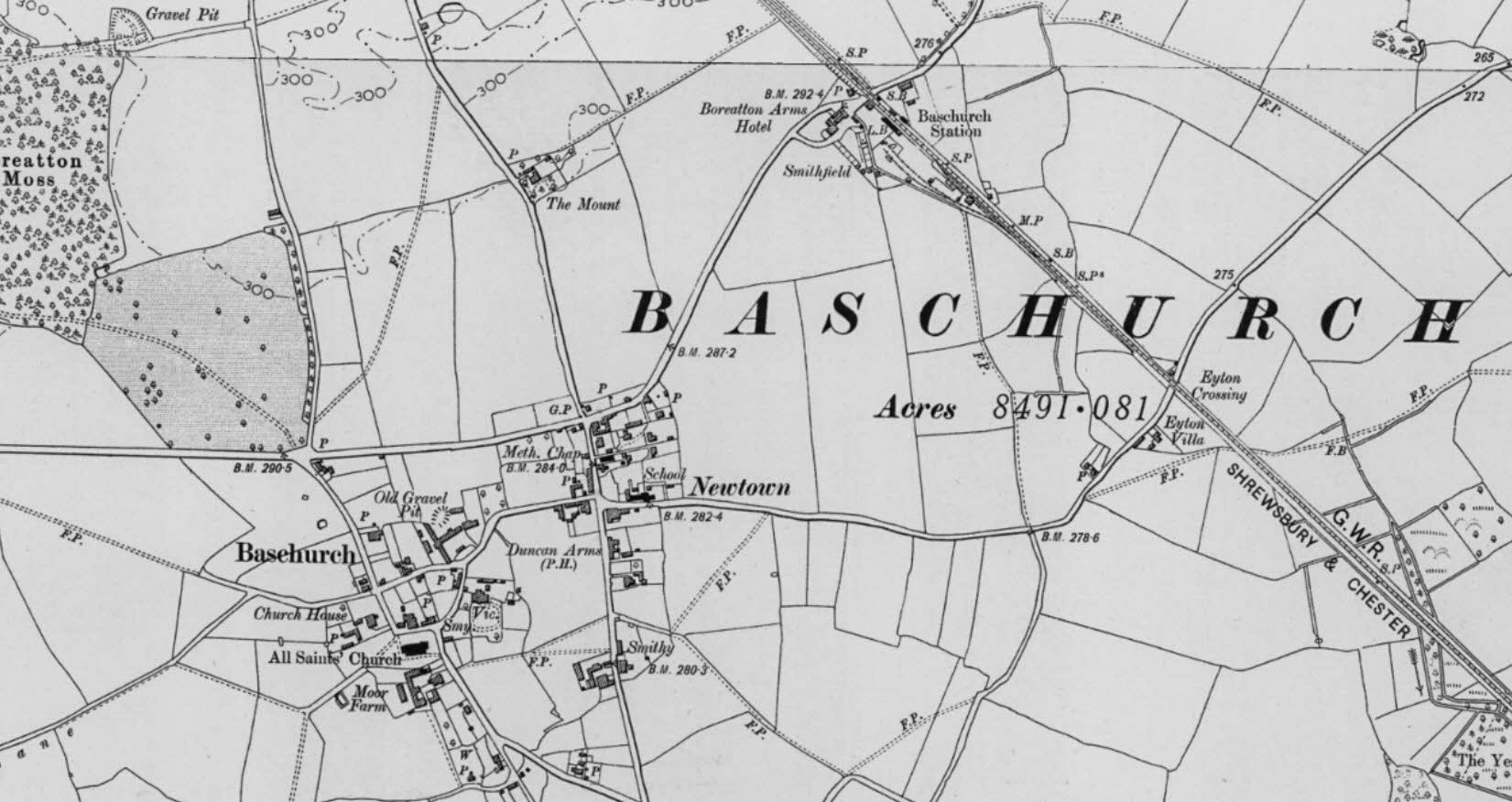 1915 Baschurch and the station. (Courtesy National Library of Scotland)
