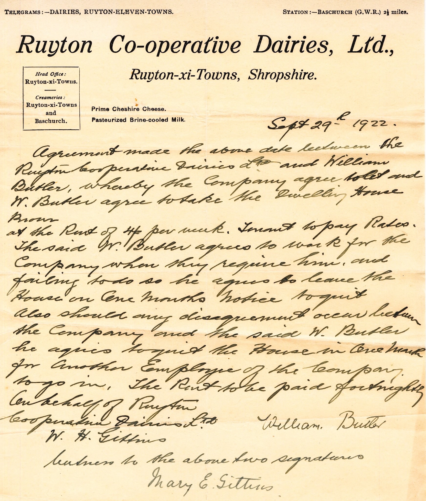 Hand-written 1922 Rent Agreement between RCD and William Butler, a Company employee.