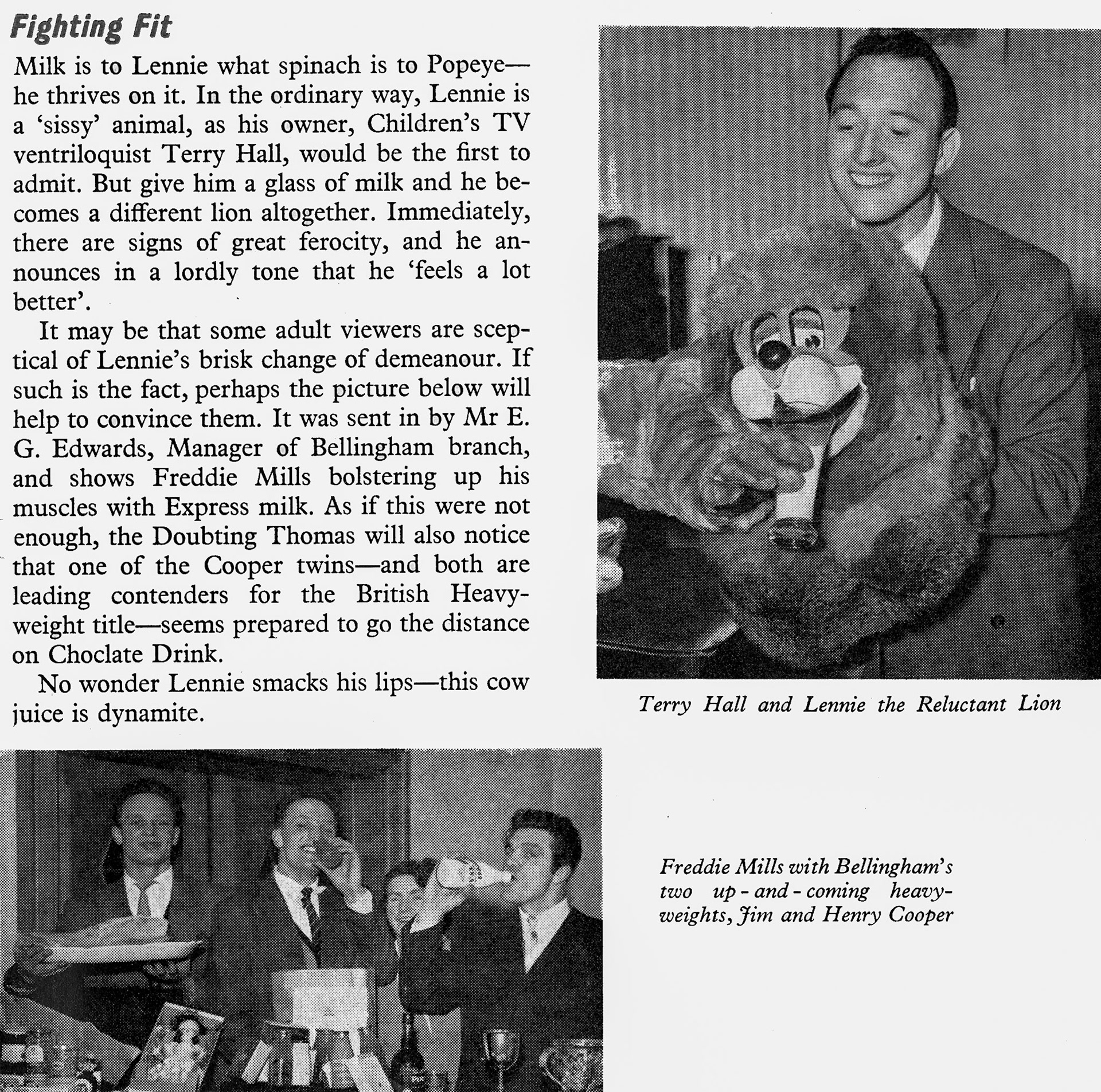 1956 Bellingham Manager Mr E.G. Edwards shows boxers Freddie Mills, Jim and Henry Cooper, alongside a publicity story about Terry Hall and Lennie the Lion. (Express News April)