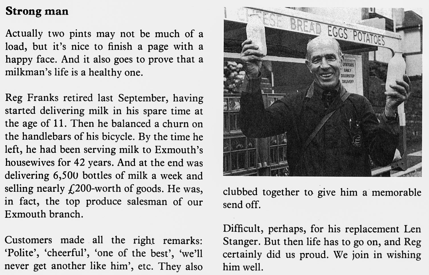 1979 Exmouth milkman Reg Franks retires after 42 years. (Express News Spring)