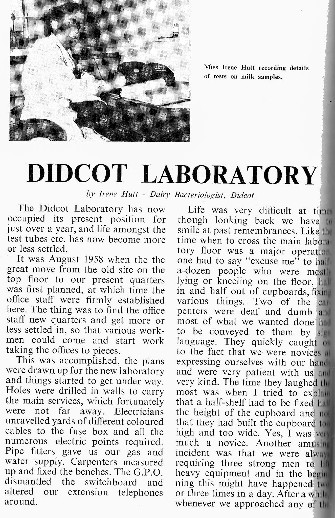 1959 Irene Hutt, Bacteriologist at Job's Didcot describes the new laboratory.(From Book of Job House Magazine, December)