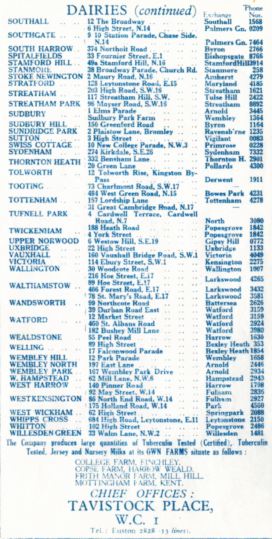 1900's ? Alphabetical List of dairies in London selling 'Tuberculin Tested, Jersey and Nursery Milks from its own farms' (Courtesy Dave Fane)