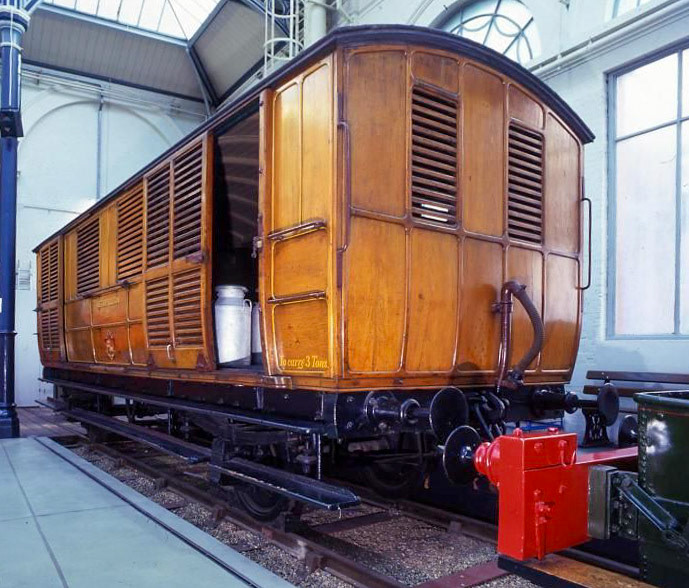 1896 Metropolitan Railway milk van No. 3. This railway van was designed to carry milk directly from dairy farms in Hertfordshire and Buckinghamshire into London. The vans were attached to fast passenger trains and each carried many large churns of milk. They were ventilated to keep the milk fresh in transit and additional suspension was added so that it did not begin to turn into butter. This milk van ran on the Metropolitan Railway from 1896 to 1936. It was overhauled in 2012 to allow it to take part in heritage operations celebrating the 150th anniversary of the Metropolitan Railway in 2013. (Courtesy London Transport Collection)