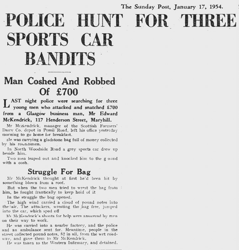 1954 Scottish Farmers branch manager Edward McKendrick attacked at Possil Road branch.  (Courtesy Sunday Post - Sunday 17 January)