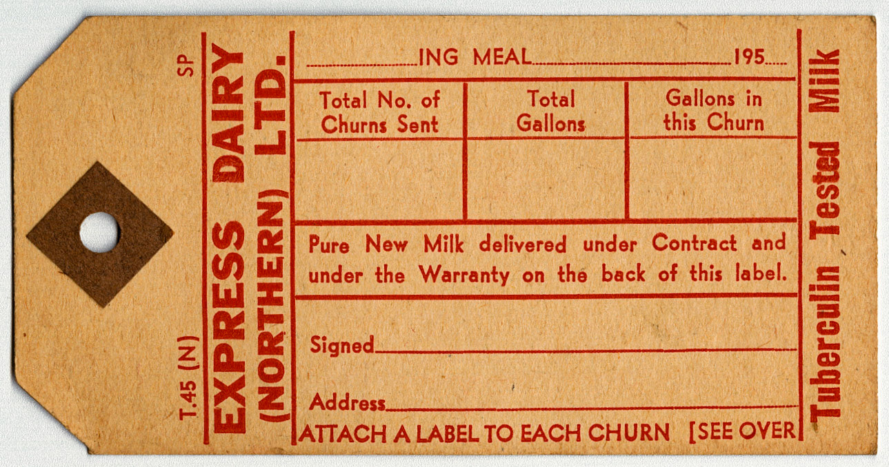 1950's Milk Churn label, these were attached to a small circular lug on the neck of milk churns, to identify the farm and total consignment. (Courtesy Michael Aldread)
