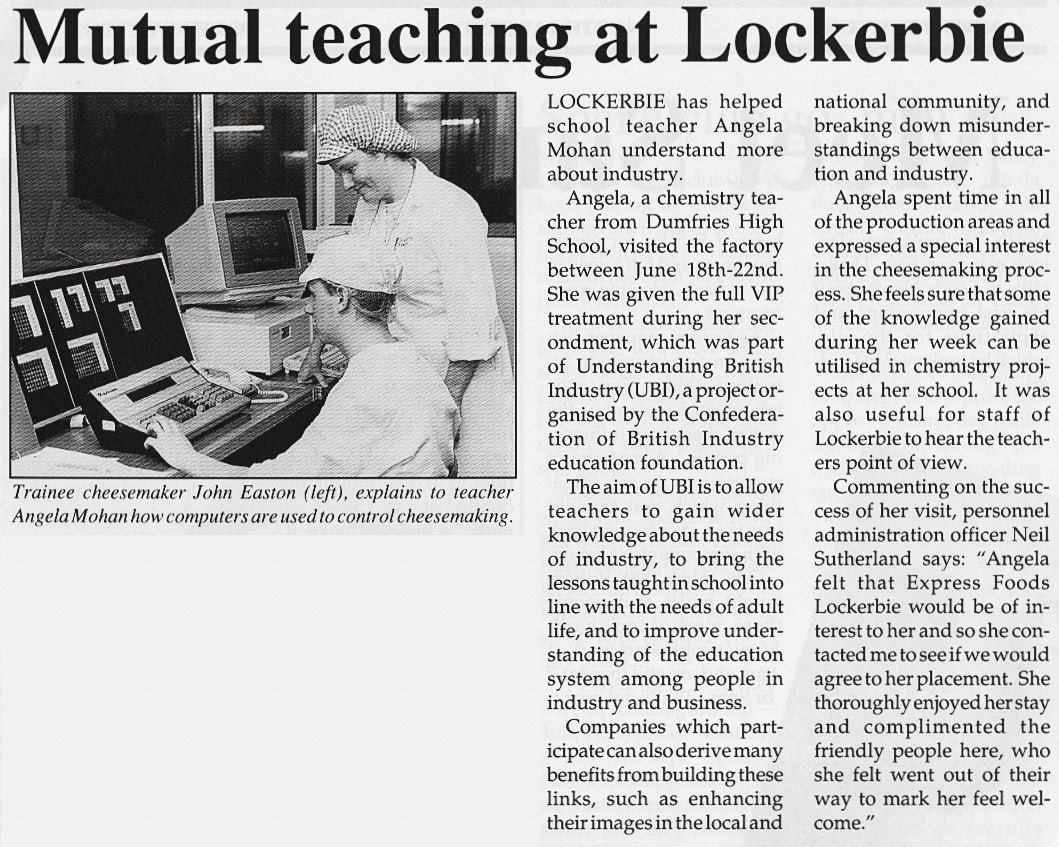 1990 Angela Mohan, a chemistry teacher from Dumfries High School takes part in a UBI session with John Easton, trainee cheesemaker.