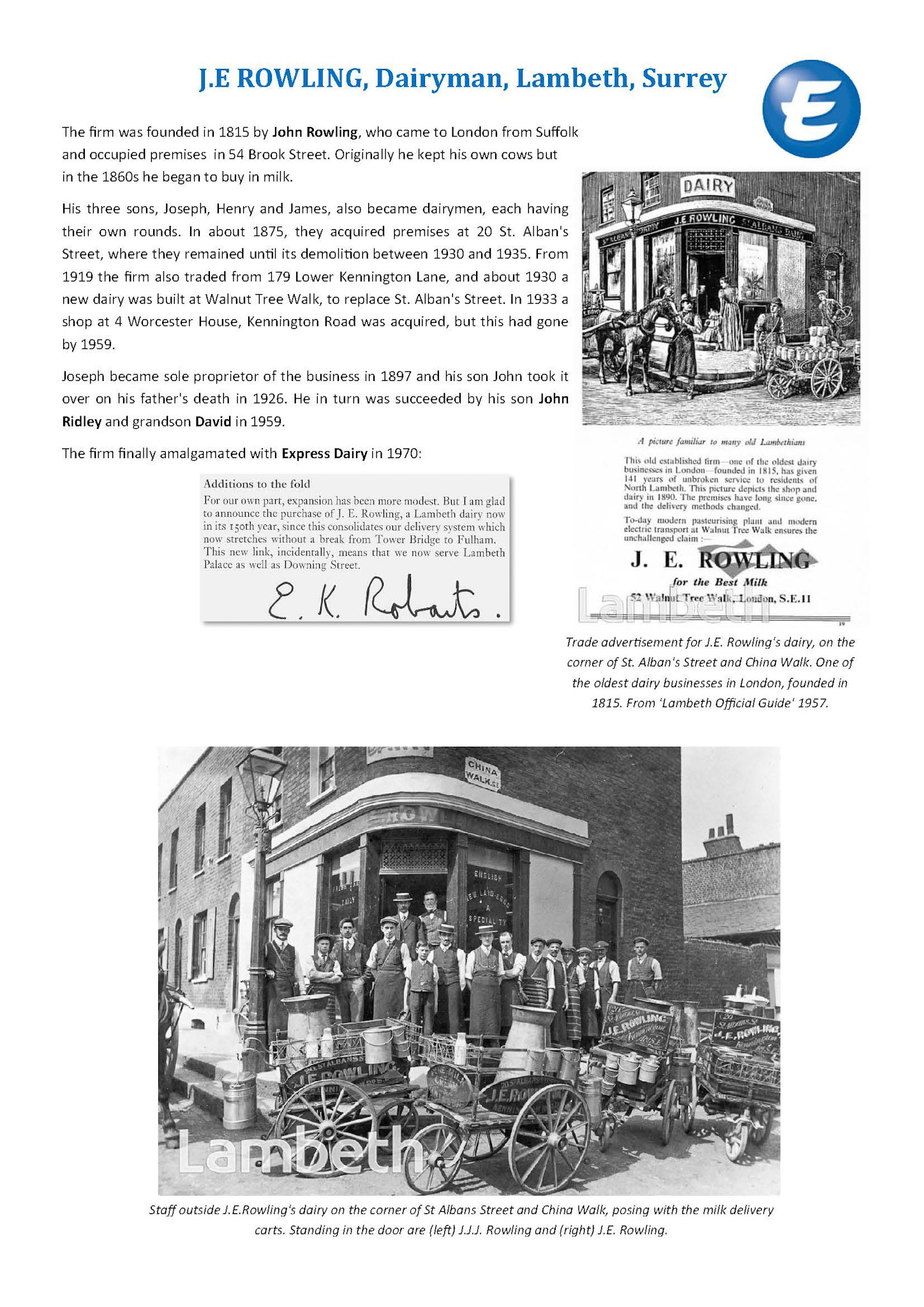 2026 Revised history of Rowling's Dairy, Lambeth (Express Dairy Tales publication)