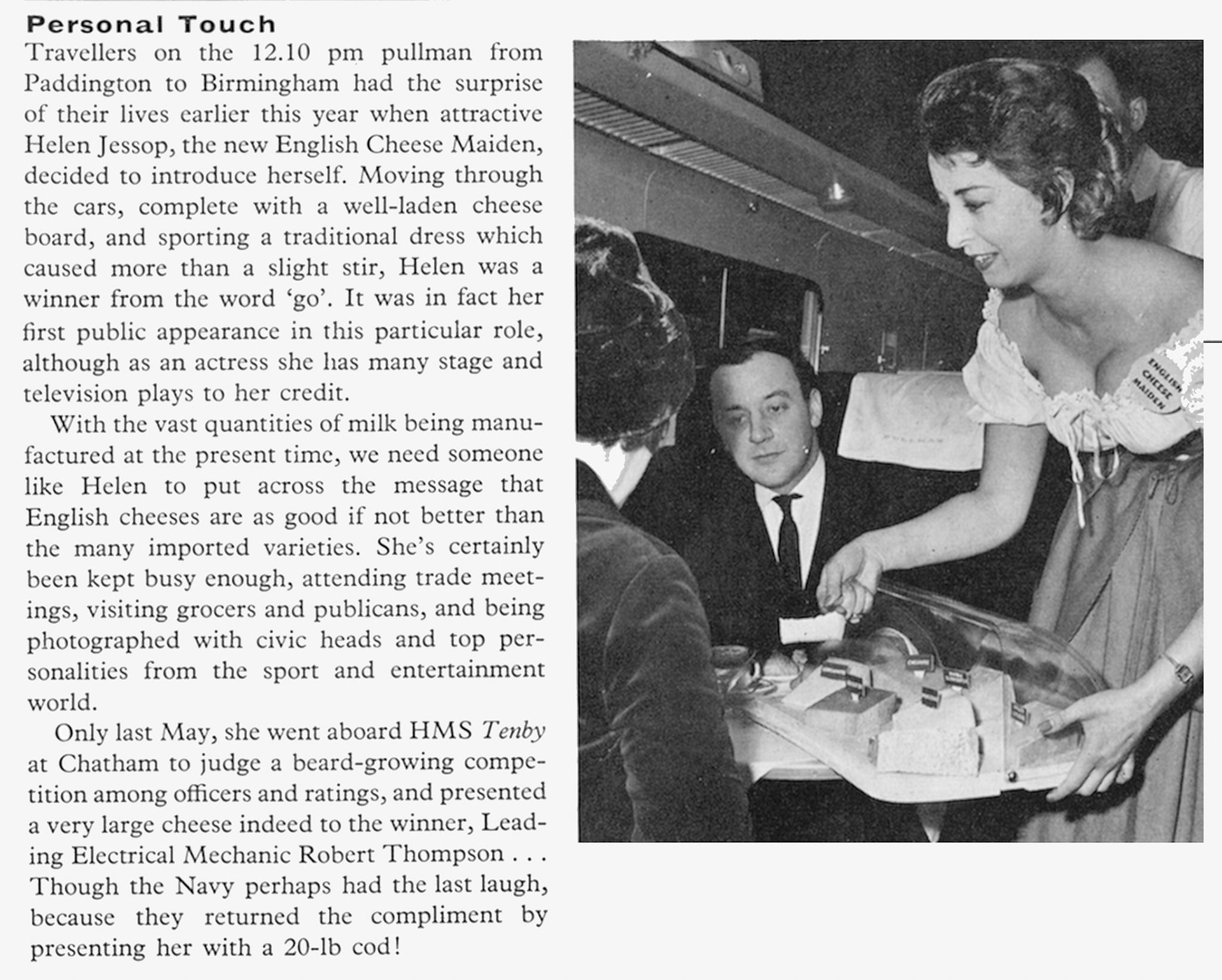 1961 Helen Jessop, 'English Cheese Maiden' serving on the Paddington to Birmingham Pullman. (Express News Summer)