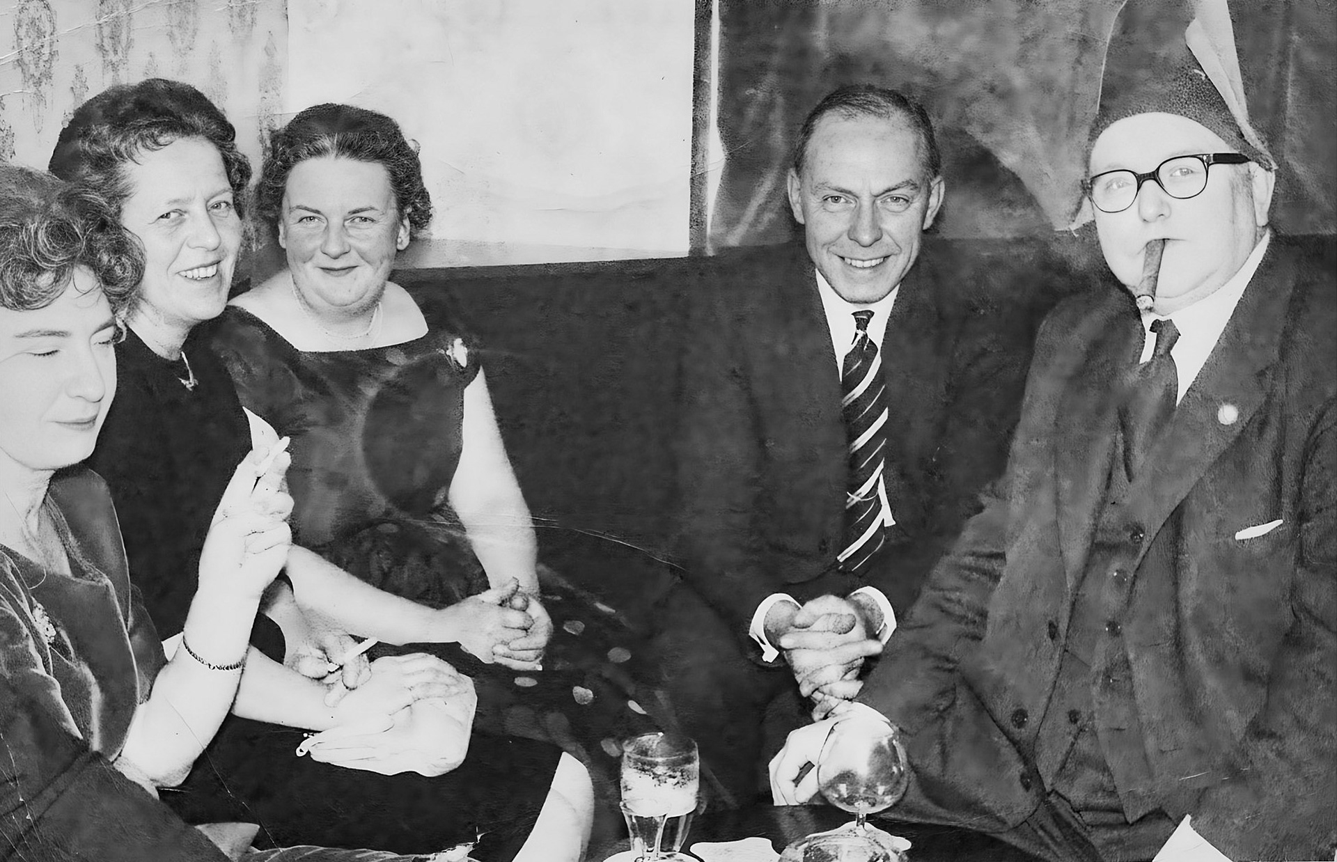 1962? Minsterley Creamery Christmas party. Richard Preston on the right, his wife Maisie Preston second from left. Lynn Fickenscher's maternal grandfather Richard Preston worked at the creamery "Richard Edgar Preston was born in Birmingham in 1905. I believe he was employed at Wathes, Cattell &amp; Gurden Ltd Dairy in Birmingham in the early 1920s, and in 1927 he came to work at Minsterley. He rented a room at "Little Halston Farm" with the adoptive parents of his future wife, Maisie. He was initially employed as "Chief Clerk", in 1937 his title was "Secretary" of the newly formed "Minsterley Creameries" In 1961 he became "General Manager", then part of "Express Dairies", until his sudden death in March 1963." (Courtesy Lynn Fickenscher)