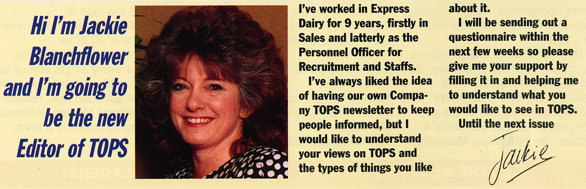 1990 Jackie Blanchflower takes over as Editor of Tops Magazine (1990 Winter Tops Magazine, Courtesy Beryl Purslove)